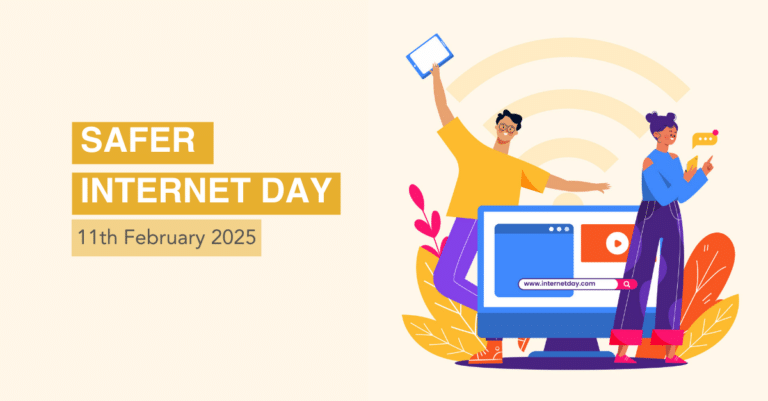 Graphic design for Safer Internet Day with illustrations of people advocating for cybersecurity